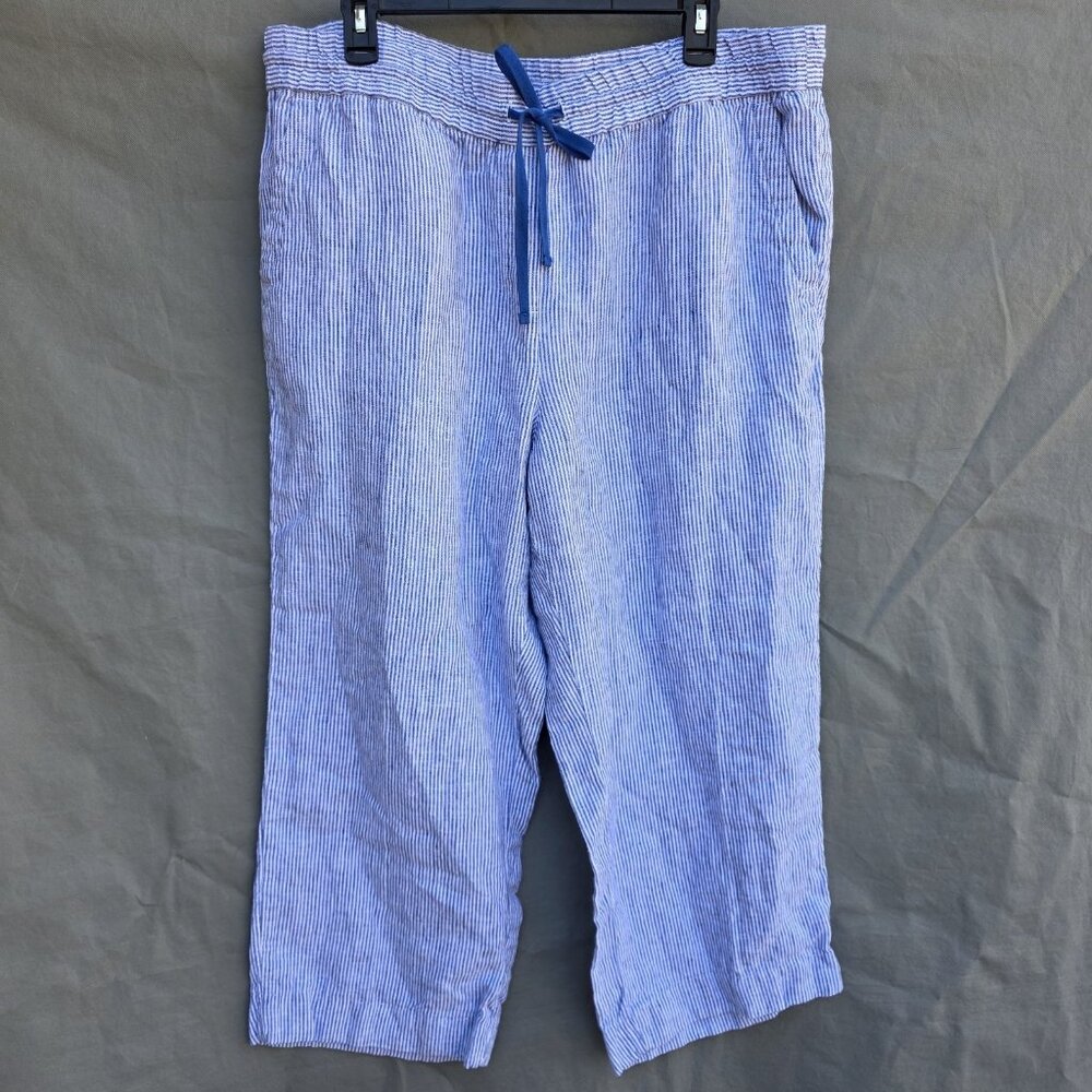Talbots Size XL Petite Blue White Billy Stripe Washed Linen Pants Drawstring
